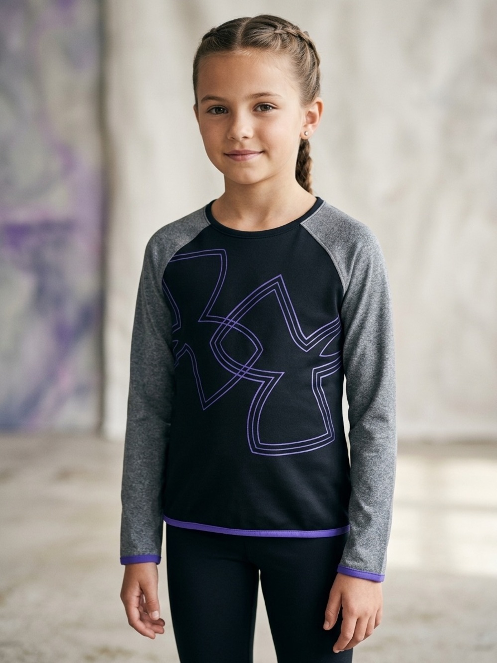 Under Armour Black and Gray Long Sleeve Girls Top with Purple Logo